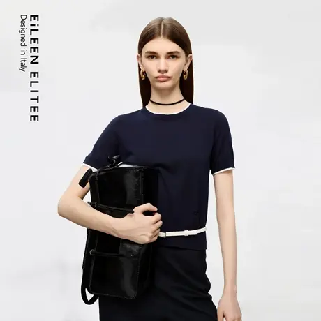 朗姿欧洲EiLEEN ELITEE2025秋新款气质高级棉感圆领短袖针织衫女图片