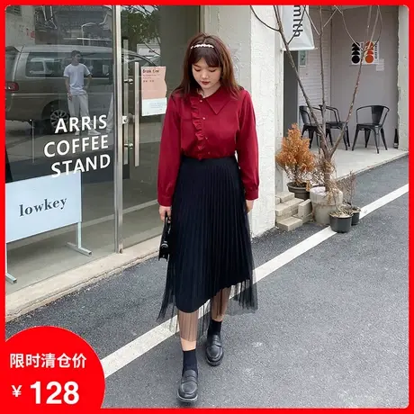 2023年秋季新款不规则木耳边双面磨毛显瘦大码胖MM气质衬衫女上衣商品大图