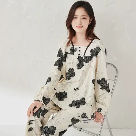 顶瓜瓜2025年春季新款阳光棉套头方领水墨花语女士长袖家居服套装商品大图