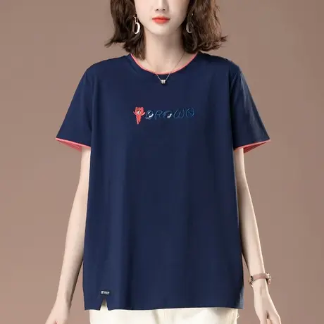 短袖t恤女夏季新款加肥加大码女装宽松中年妈妈刺绣纯棉显瘦上衣商品大图