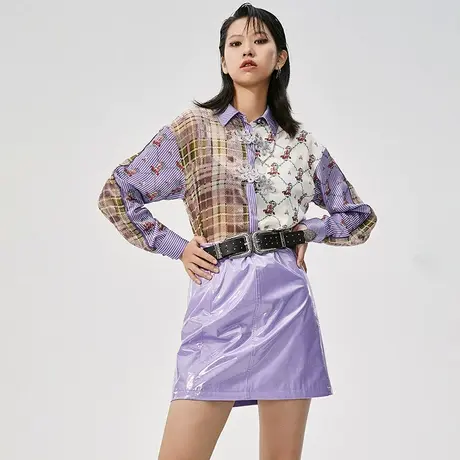 裂帛LIEBOFeng原创设计chic不对称格纹香芋紫国风盘扣长袖衬衫女图片