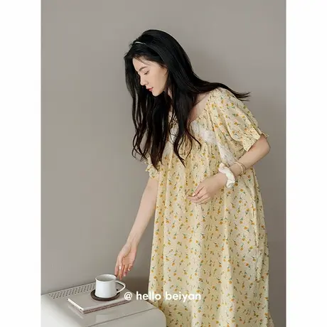 贝妍莫代尔棉睡衣女夏薄款甜美碎花短袖睡裙大码少女中长款连衣裙商品大图