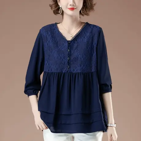 中年妈妈蕾丝打底衫春秋新款加肥加大码女装宽松洋气雪纺拼接上衣商品大图