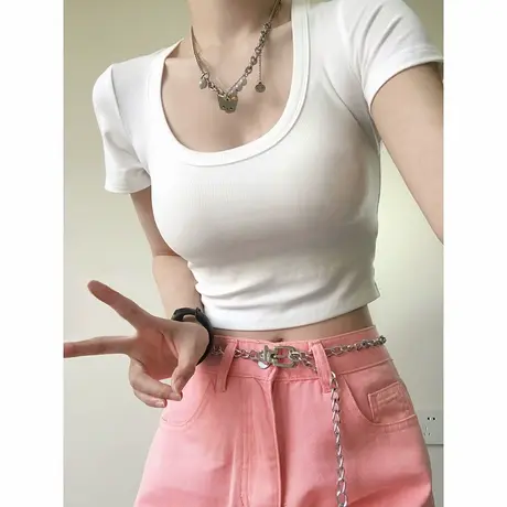 欧美式短款修身露肚脐正肩短袖t恤女大领口u领甜辣小上衣体恤夏季商品大图