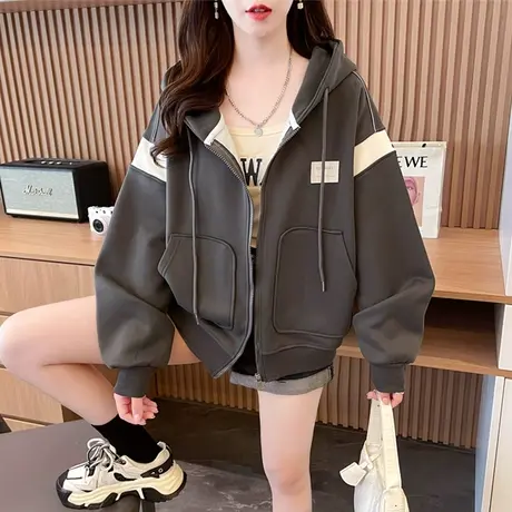 连帽卫衣女秋冬季韩版宽松加绒加厚小个子撞色欧货重工开衫外套潮图片