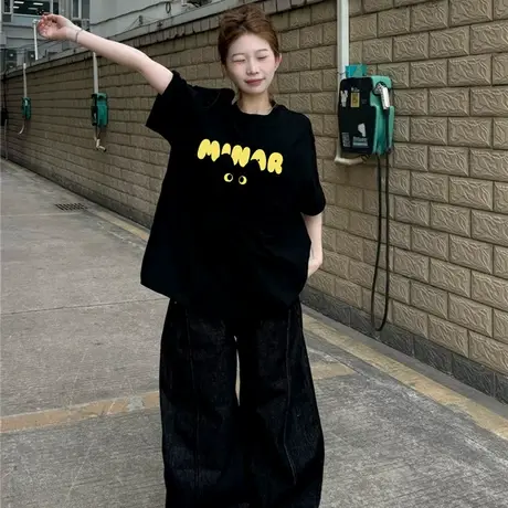 大码超火美式高街短袖T恤女夏季宽松小众洋气遮肉情侣上衣ins潮牌商品大图