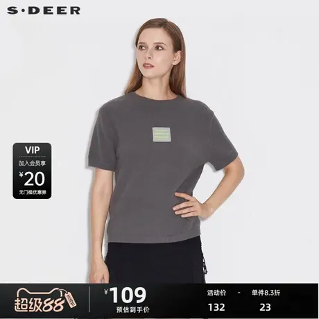 【秒杀】sdeer圣迪奥女装秋时尚撞色胶印短袖针织衫S21383529图片