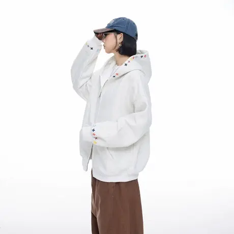 美式重磅刺绣双开拉链连帽开衫卫衣女秋季新款宽松情侣款外套上衣商品大图