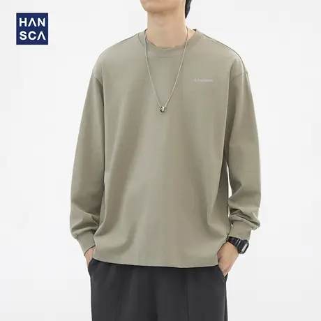 hansca 305g高密精梳棉重磅长袖t恤男秋季宽松圆领刺绣纯棉打底衫商品大图