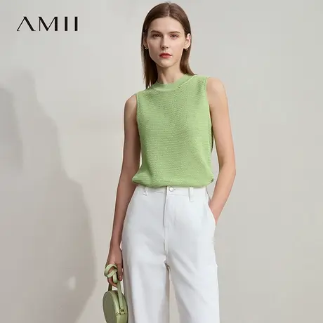Amii2025夏新款百搭漫波打花工艺圆领无袖毛针织衫女内搭显瘦上衣商品大图