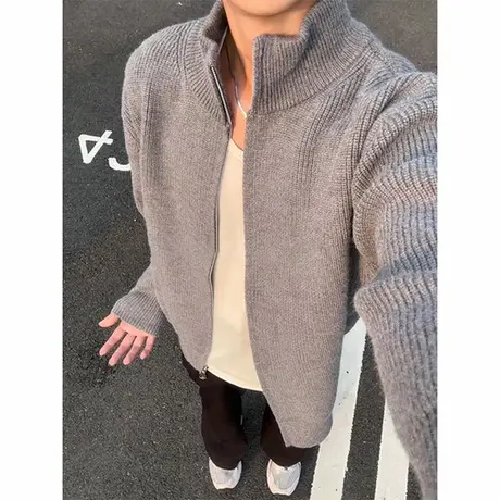 灰色修身拉链开衫外套男秋季cleanfit立领毛衣慵懒高级感美式夹克商品大图