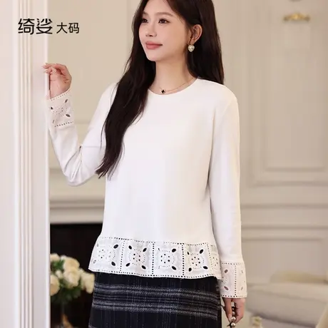 2025秋冬装新款大码胖mm套头正肩显瘦蕾丝拼接上衣长袖打底t恤女商品大图