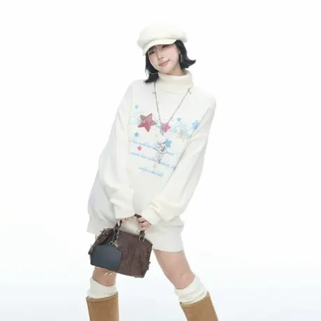 美式复古星星印花高领针织毛衣女秋冬新款宽松打底衫情侣套头上衣商品大图