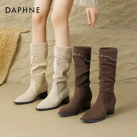 达芙妮靴子女尖头长筒靴2025新款秋高筒骑士堆堆靴棕色美拉德靴子商品大图