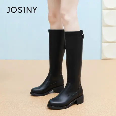卓诗尼2025秋冬新款后拉链骑士靴时尚舒适粗跟长筒靴潮流百搭女靴图片