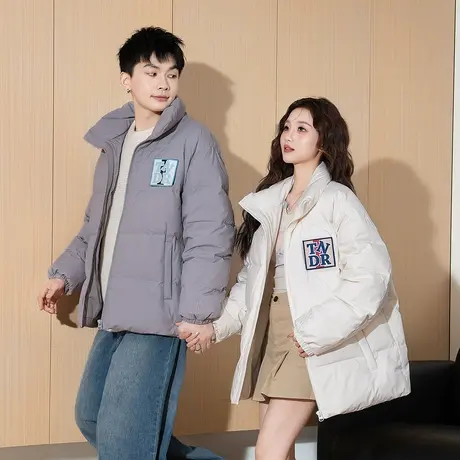 唐狮新款情侣同码立领羽绒服前胸撕拉绣花标魔术贴潮流设计感TD商品大图