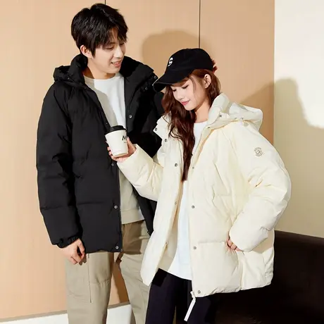 唐狮冬季新款情侣羽绒服女连帽短款防水上衣百搭黑色男外套TD商品大图