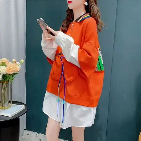 2021年秋装新款宽松设计感拼接衬衫长袖假两件卫衣女慵懒风上衣商品大图