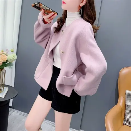 2023秋装新款双面羊绒大衣女短款宽松减龄韩版小个子毛呢外套上衣图片