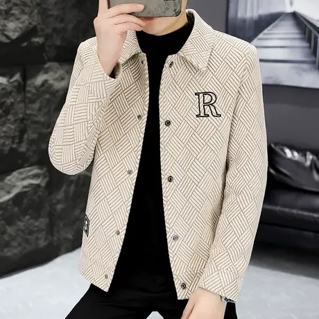 秋冬季高级感毛呢外套男士短款休闲呢子大衣加厚轻奢格子夹克上衣商品大图