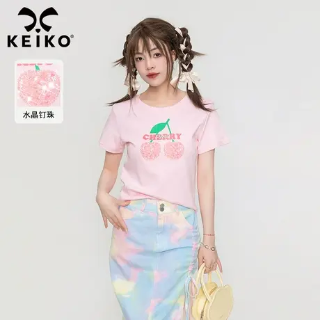 亮片樱桃粉嫩正肩短袖t恤女2023夏季甜系穿搭粉色显瘦半袖上衣图片