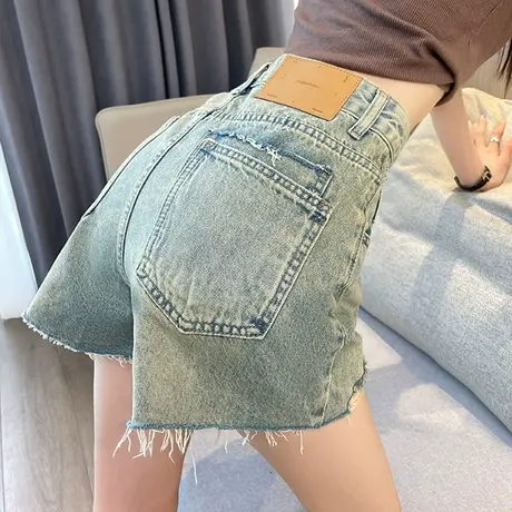 复古牛仔短裤女夏季薄款小个子高腰宽松阔腿毛边设计感a字热裤潮商品大图