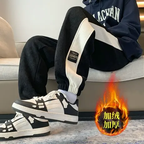 裤子男秋冬加绒宽松束脚九分卫裤男美式运动裤潮牌大码男士休闲裤图片