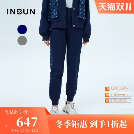 恩裳春季撞色字母印花条纹束脚直筒宽松运动休闲裤女商品大图