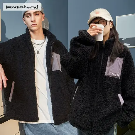Radiohead黑色仿羊羔绒外套情侣装春季新款宽松潮牌立领夹克帅气商品大图