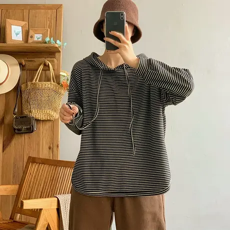 dza复古宽松条纹连帽打底衫女秋冬双面绒内搭T恤漂亮保暖长袖上衣商品大图
