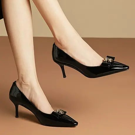 2023新款高跟鞋女夏里外真皮小跟单鞋女细跟气质尖头优雅亮漆女鞋图片