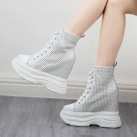 14cm内增高老爹鞋女款小个子超高跟单鞋镂空厚底松糕鞋真皮高帮鞋商品大图