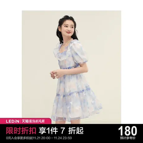 乐町方领梦幻晕染公主裙2023年夏季新款女装蝴蝶结炫彩网纱连衣裙商品大图