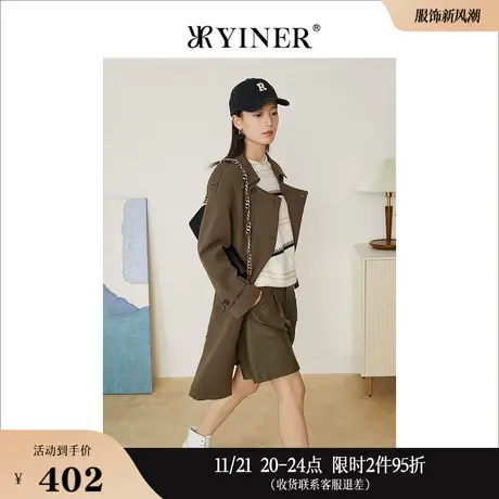 YINER音儿线上专选女装春季时尚中长款双排扣西装领风衣图片