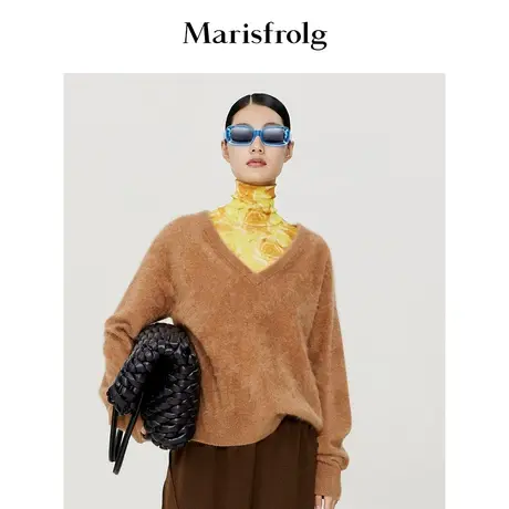 【厚实针织毛衣】玛丝菲尔冬季新款棕色V领慵懒风羊绒毛衣商品大图