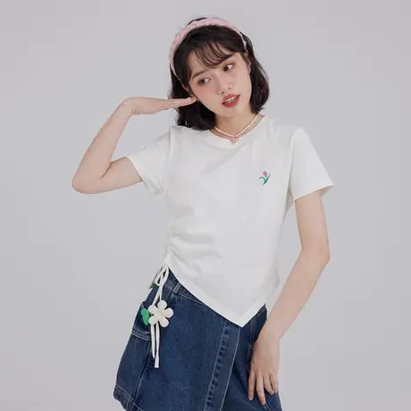 抽绳短袖t恤设计感小个子夏小众甜辣风别致漂亮不规则短款上衣女商品大图