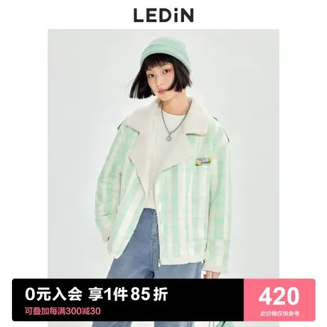 乐町甜美格纹厚外套2023春季新款流行毛毛外套女宽松休闲设计感图片