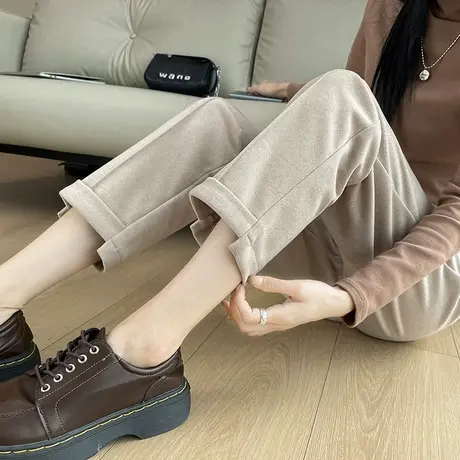 毛呢西装裤女冬季2024新款高腰显瘦九分小个子加厚休闲直筒烟管裤商品大图