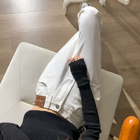 白色直筒牛仔裤女2023春秋新款小个子高腰显瘦百搭九分法棍烟管裤商品大图