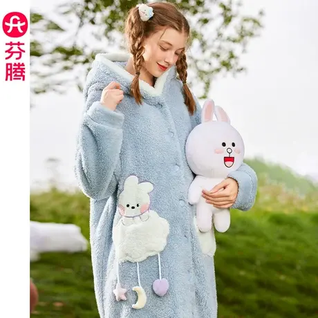 芬腾布朗熊珊瑚绒睡袍女秋冬季保暖法兰绒连帽休闲宽松家居服浴袍图片