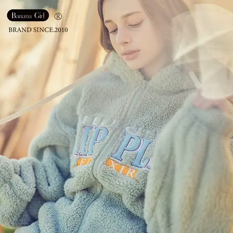 Bananagirl睡衣女士珊瑚绒加厚冬季开衫卫衣款女可外穿保暖家居服商品大图
