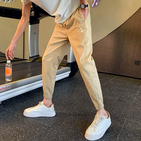 卡其色高级感刺绣休闲裤春秋修身潮牌痞帅春季新款九分裤小脚男裤商品大图