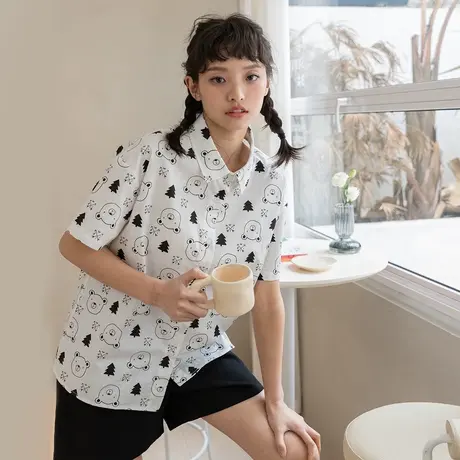 【7折清仓】小个子短袖花衬衫女夏设计感小众宽松慵懒风学生衬衣图片