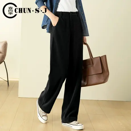 垂感灯芯绒阔腿裤女秋冬2023新款黑色拖地裤子高腰显瘦条绒休闲裤商品大图