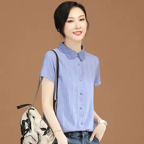 韩潮袭人别致蕾丝娃娃领短袖女士衬衫短袖夏季正肩衬衣法式上衣薄商品大图