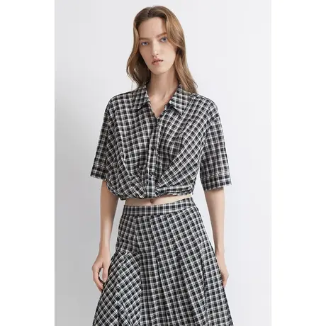 INSUN恩裳夏季醋酸棉亲肤黑白格纹衬衫图片