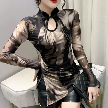 复古中国风女装不规则下摆长袖T恤性感网纱镂空上衣收腰打底衫秋图片