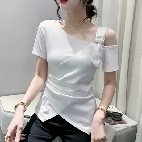 欧货性感短袖T恤女夏时尚露肩小衫不规则开叉上衣修身设计感半袖商品大图