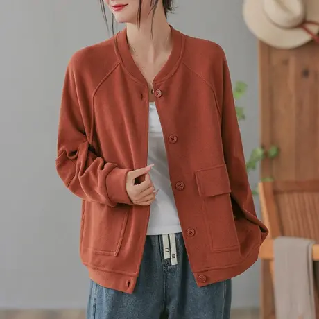 dza 复古纯色全棉立领棒球服女春秋新款休闲宽松女士外套短款上衣商品大图