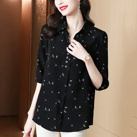 大码雪纺衬衫七分袖女上衣秋夏季2023年新款妈妈碎花中袖衬衣宽松商品大图